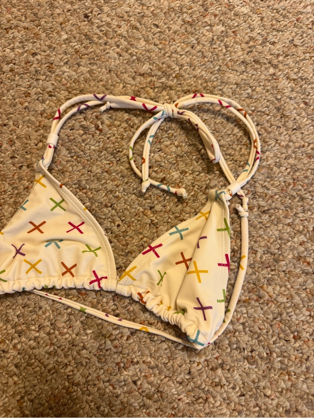 Cream Triangle Bikini Top with Multicolor Cross Print